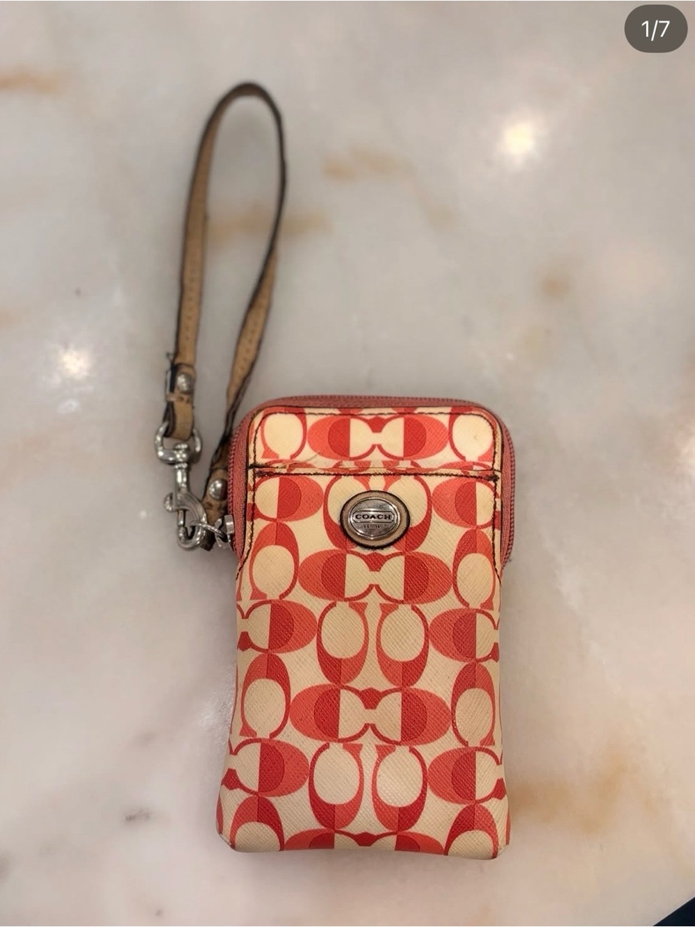 Coach Red and Beige Signature Wristlet Phone Pouch with Strap